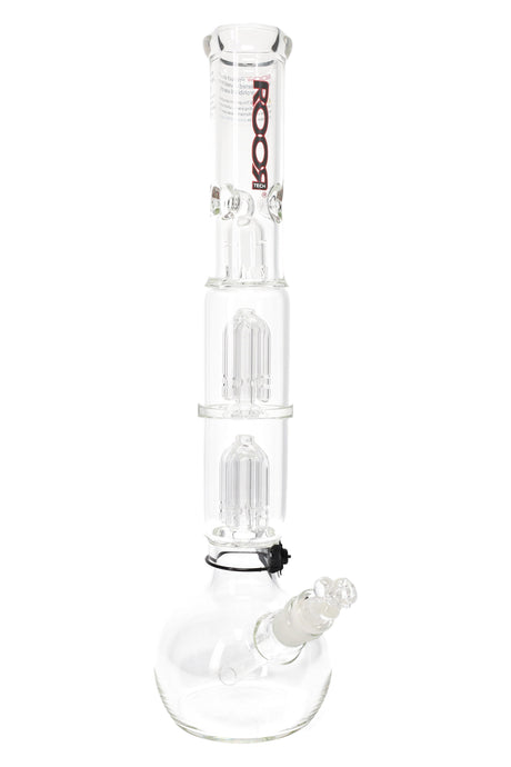 ROOR Tech bubble-base water pipe showing three stacked chambers with tree percs and red ROOR decal, glass-on-glass bowl and downstem.