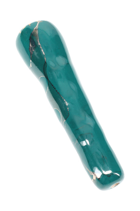 Teal 4-inch ceramic chunky bat one-hitter with subtle pale patterns and tapered mouth end, glossy ceramic.
