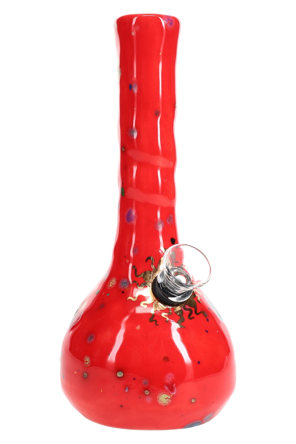 Bright cherry-red ceramic bong decorated with subtle multicolor bursts and gold accent, photographed head-on.