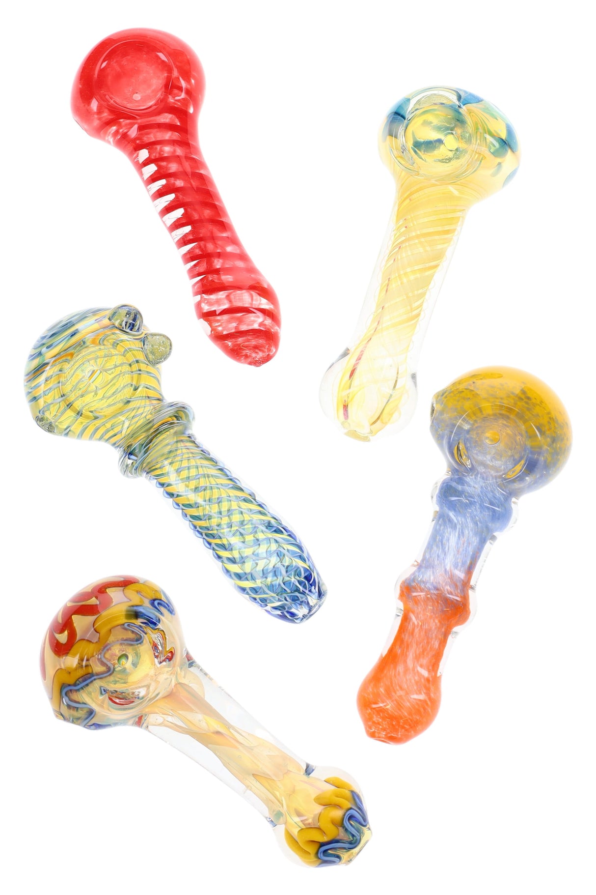 Variety pack of 4–4.5 inch glass spoons including solid, spiral, and frit styles with rounded bowls and side carbs.