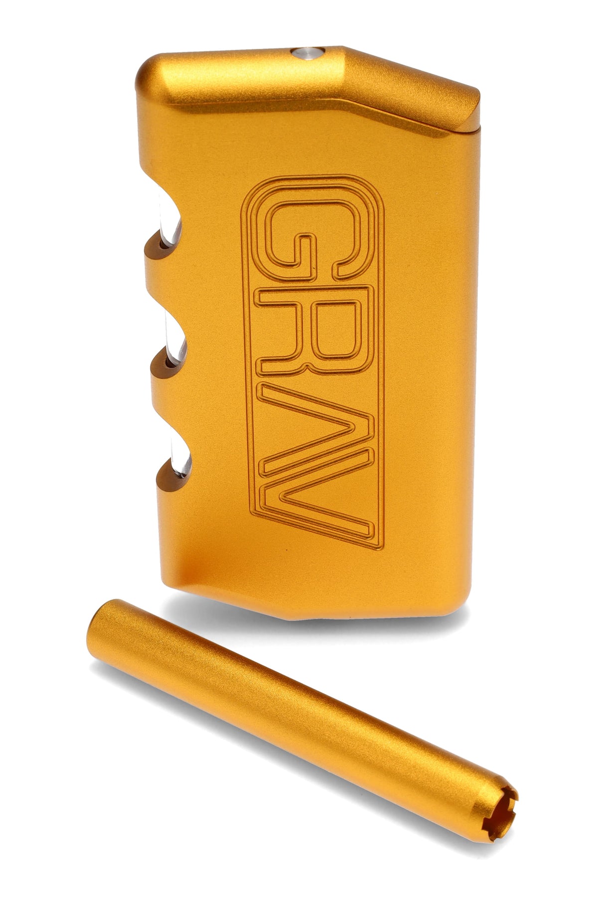 Compact 3.75-inch GRAV aluminum dugout with twist lid, polycarbonate stash window, spring-loaded aluminum taster, and recessed poker; gold color shown.