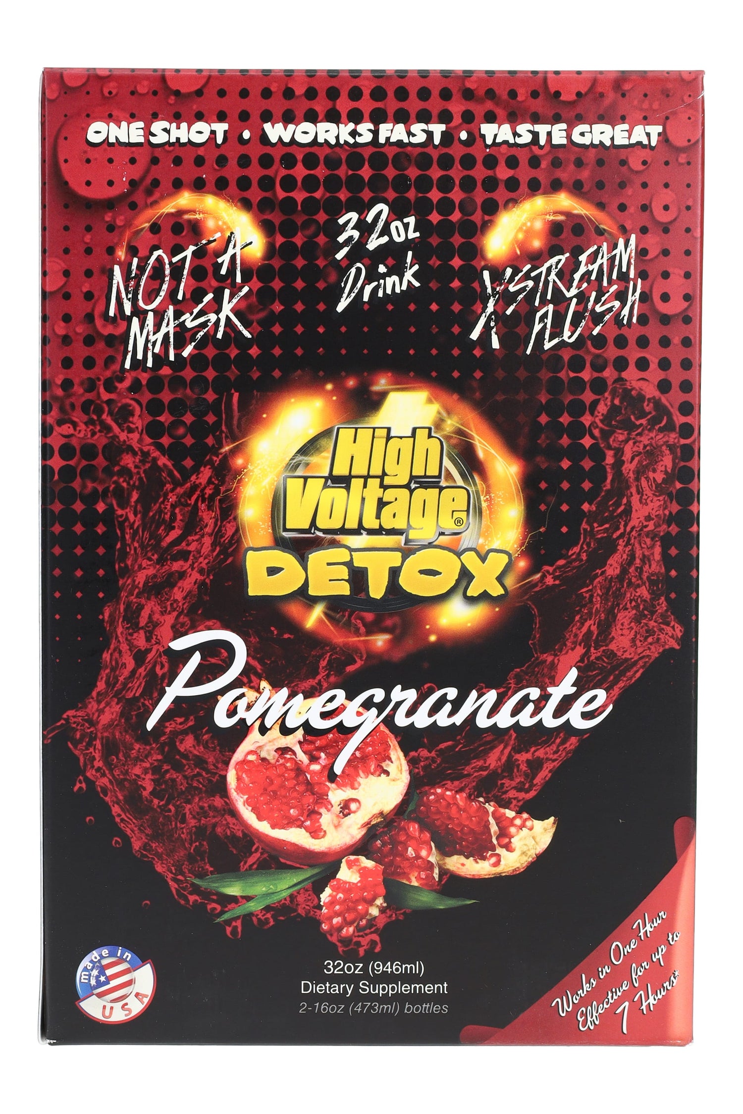 High Voltage Detox 32 oz Pomegranate box front, red splash design and fruit image; 2×16 oz bottle pack.