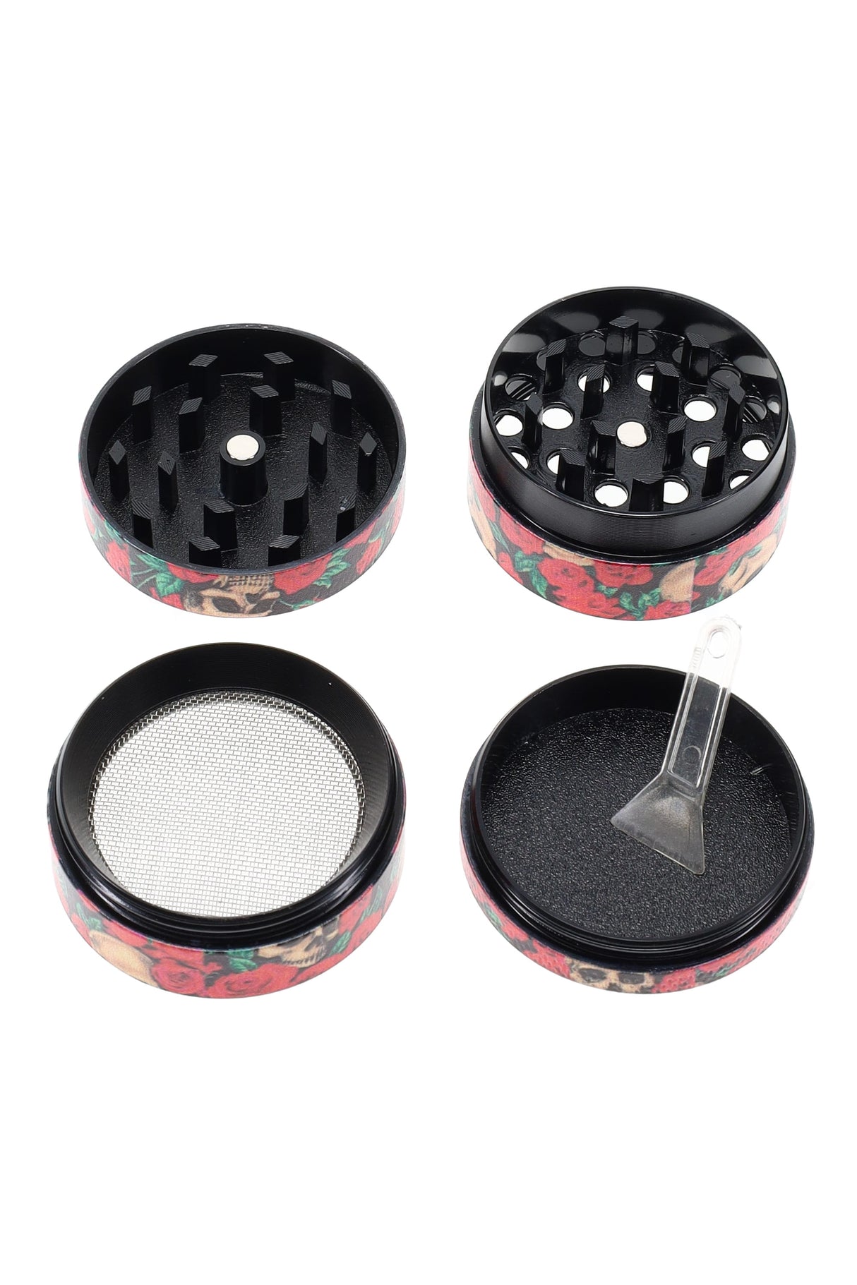 Four-piece 1½″ metal herb grinder from the gift set shown disassembled with fine mesh kief screen and scraper included.