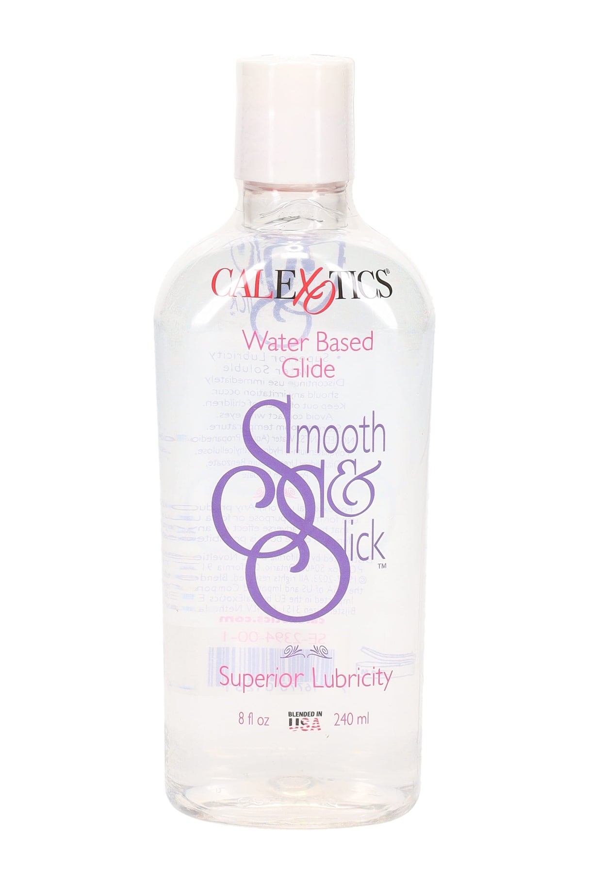 Smooth & Slick water-based personal lubricant bottle front label, 8 fl oz clear bottle with white cap