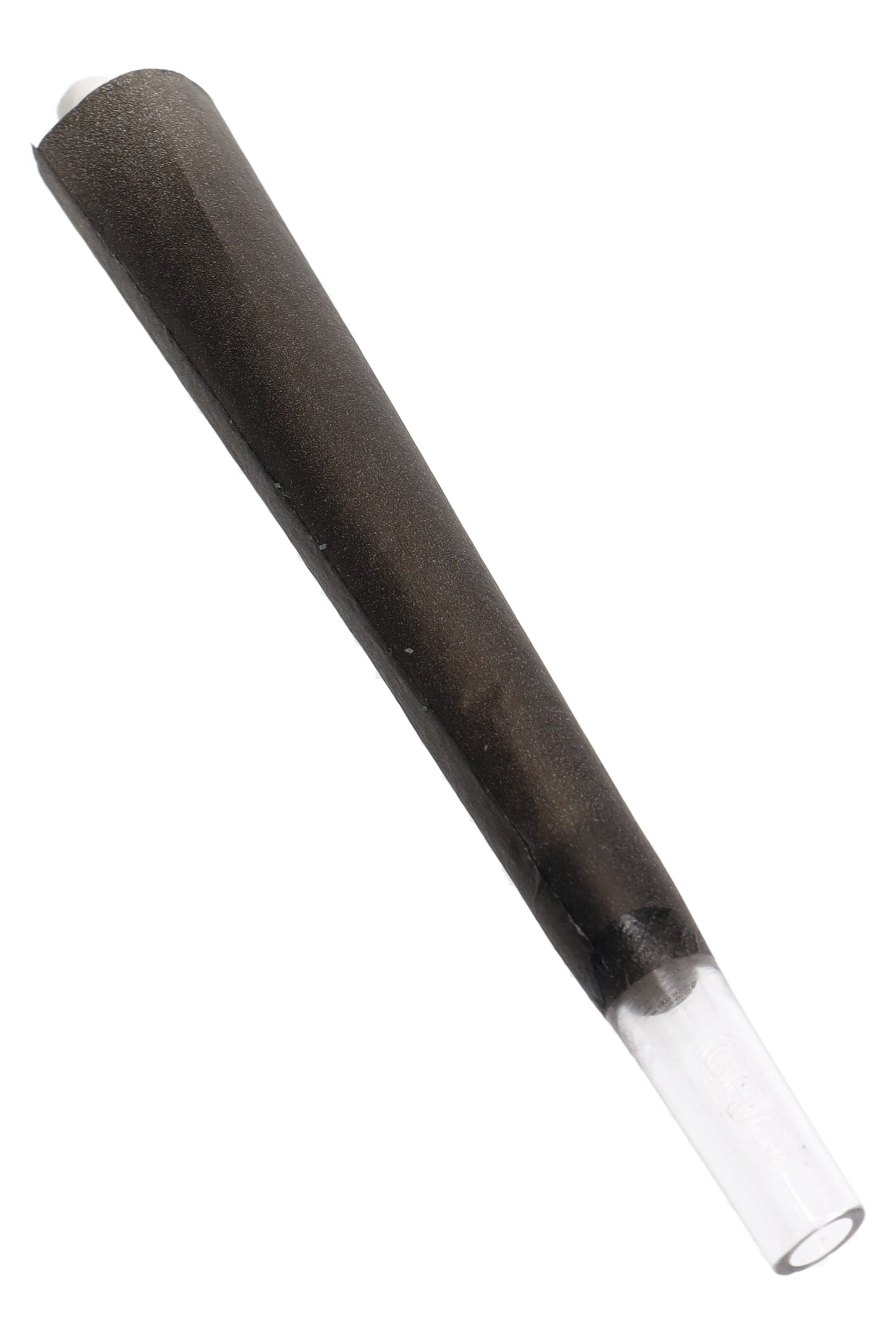 Close-up GRAV black 109 mm cone with clear quartz glass tip and paper plug, ready to fill.