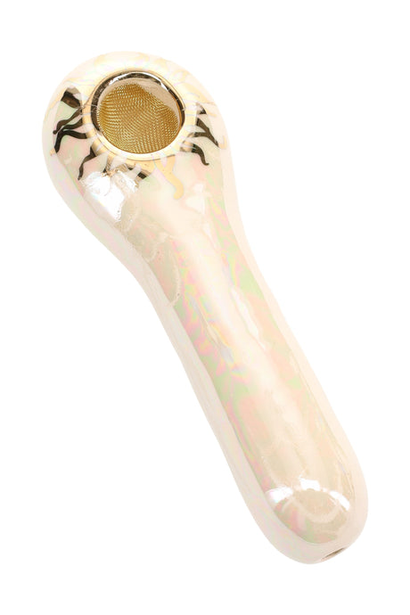 Pearly white 4-inch ceramic spoon pipe with iridescent glaze, gold sun design, and brass screen bowl.