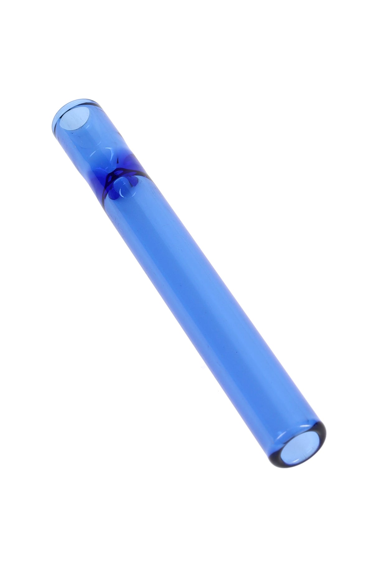 Blue 4″ glass one-hitter bat with pinch to reduce ash pull-through, cylindrical chillum design, front view.