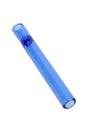 Blue 4″ glass one-hitter bat with pinch to reduce ash pull-through, cylindrical chillum design, front view.
