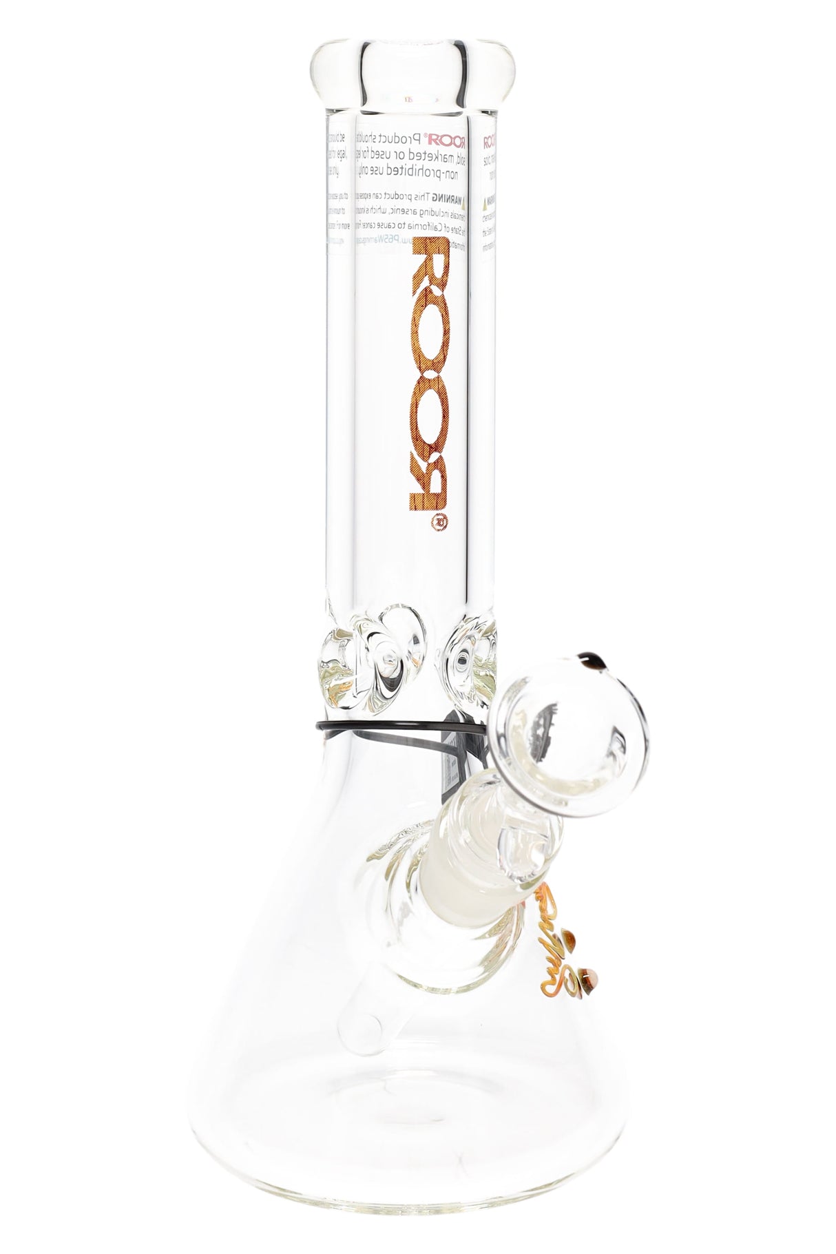 Clear ROOR 10-inch beaker bong with wood grain ROOR logo, ultra-thick 7 mm glass, glass-on-glass downstem and bowl, ice pinch.