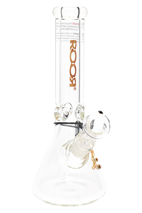 Clear ROOR 10-inch beaker bong with wood grain ROOR logo, ultra-thick 7 mm glass, glass-on-glass downstem and bowl, ice pinch.