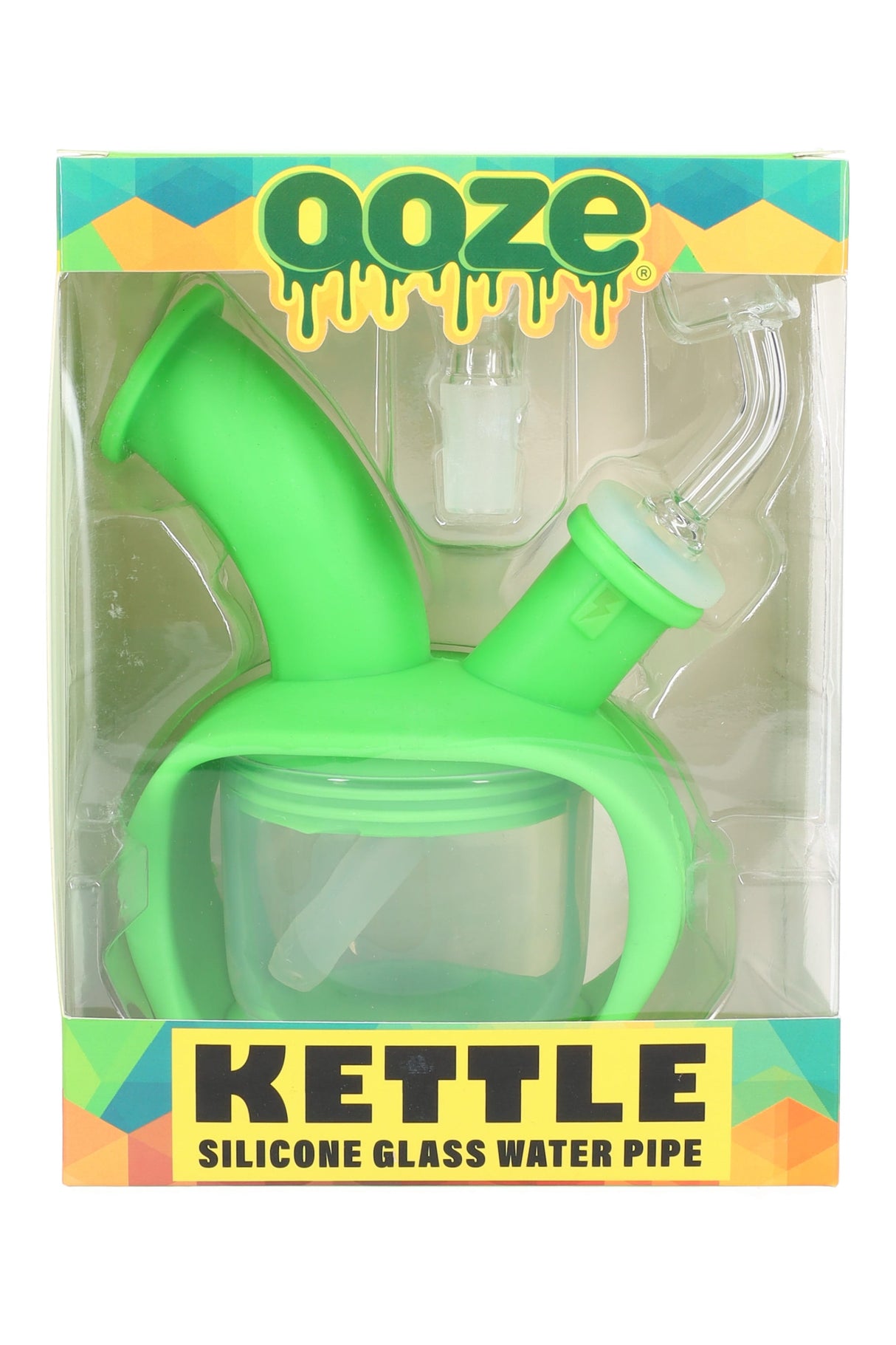 Slime green Ooze Kettle silicone glass water pipe boxed with accessories, silicone frame around glass chamber.