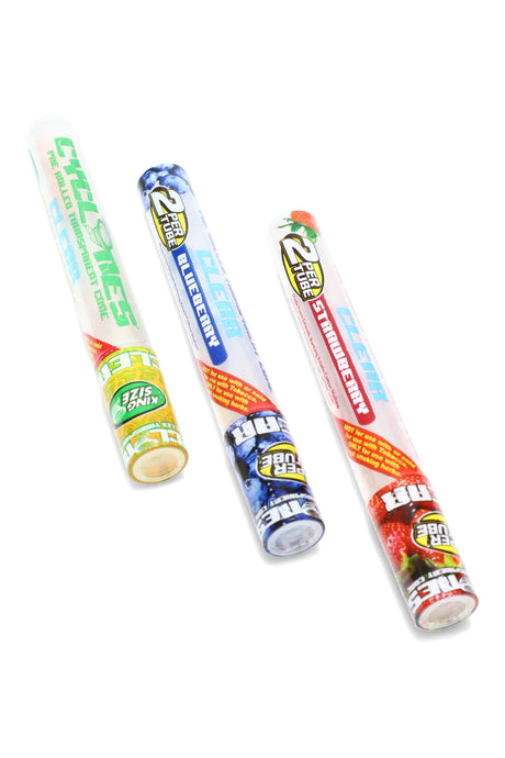 Three Cyclones Clear king size cone tubes—Blueberry, Strawberry, Tiki Tango—on white; two pre-rolled cones per tube.