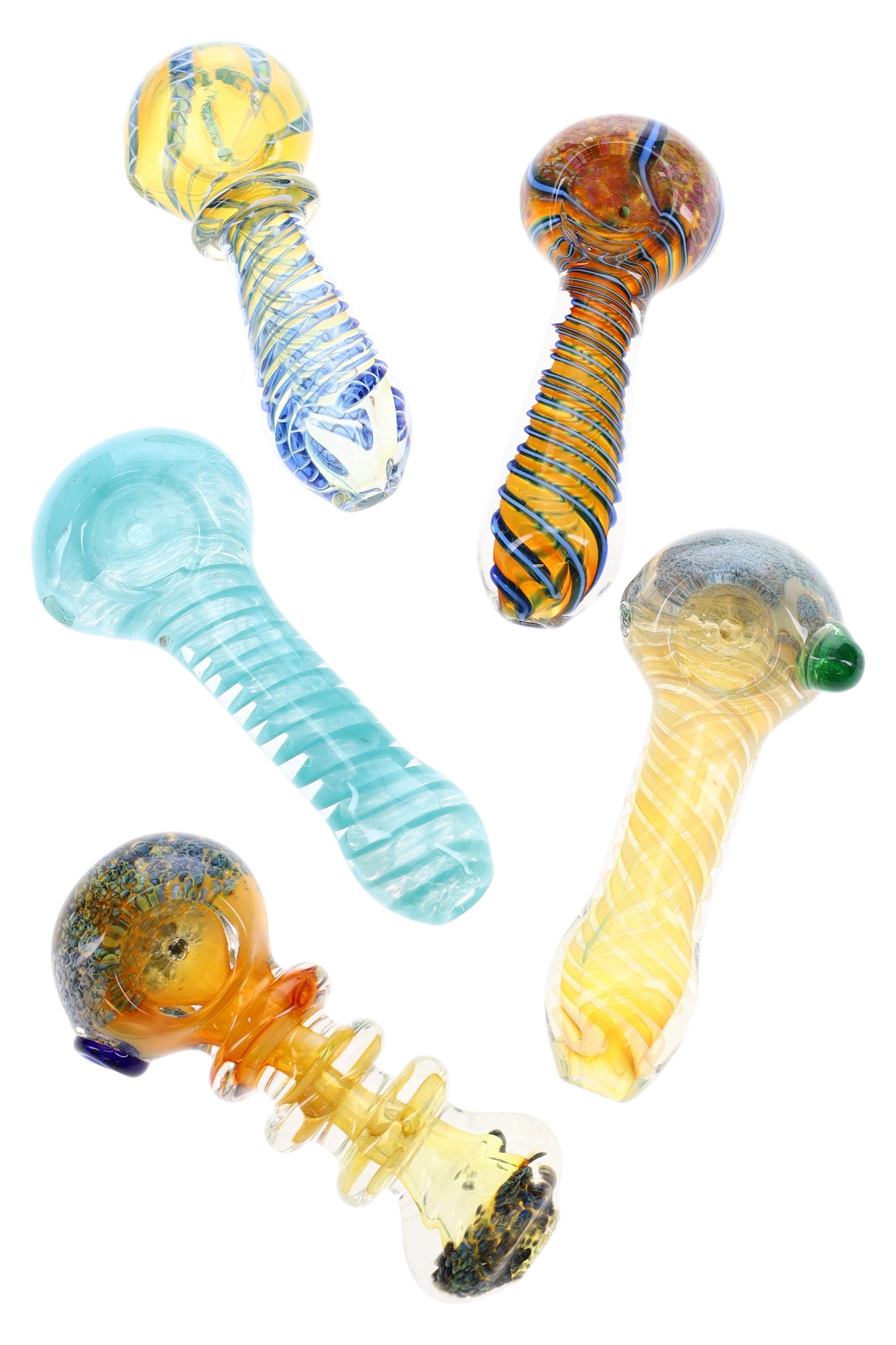 Mixed 4–4.5 inch spoon pipes featuring spiral wrap designs and frit accents with left-side carbs, assorted colorways.