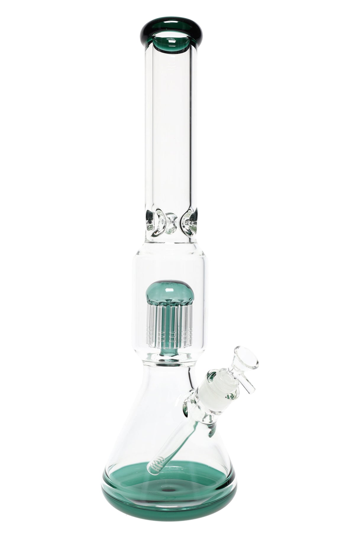 Macro view of the 12-arm tree percolator with colored dome inside a clear 18-inch glass beaker bong.