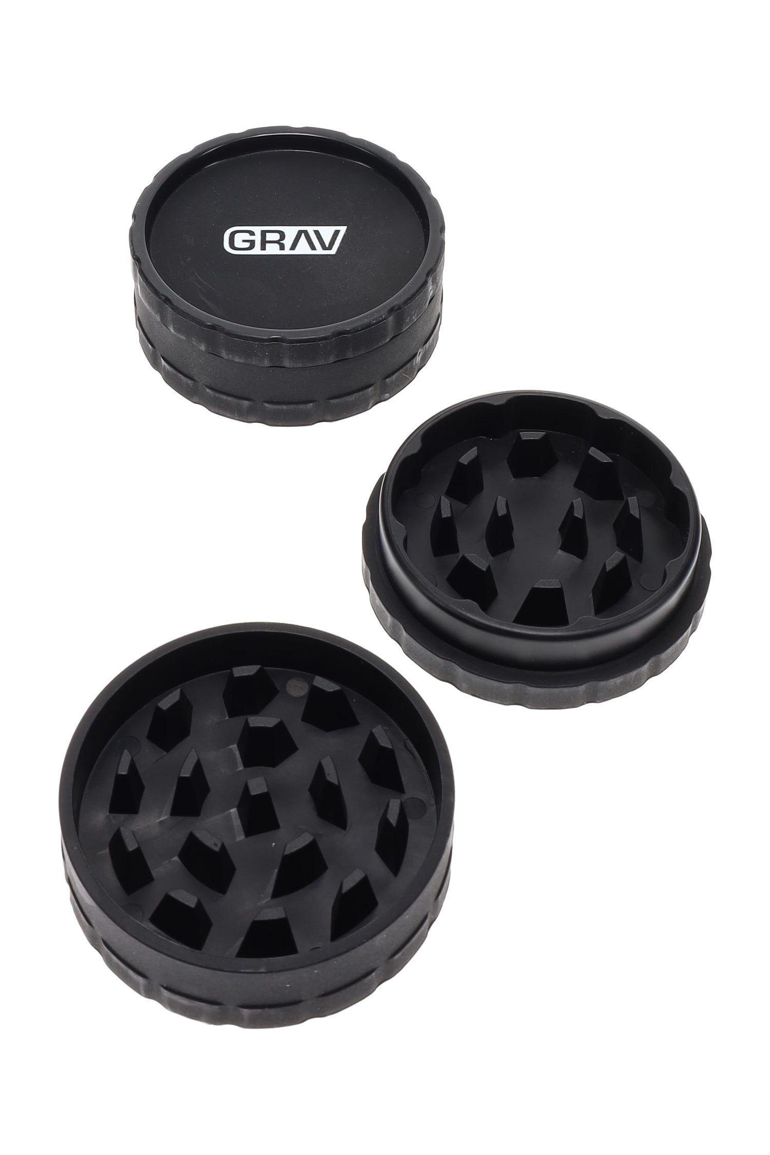 Black GRAV 2.5″ hemp-plastic 2-piece herb grinder with sharp teeth, shown open and closed on a clean white background.