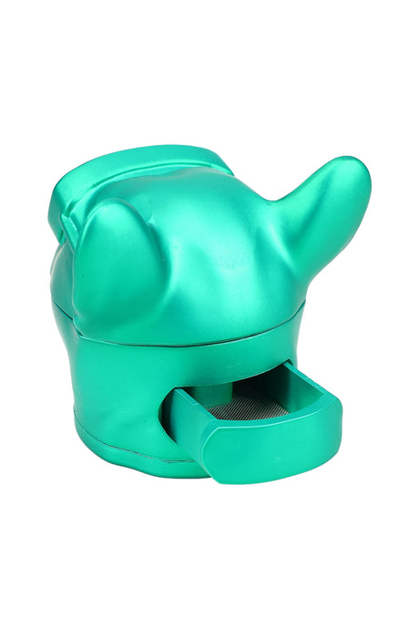 Back view of 2¼″ French bulldog zinc-alloy herb grinder highlighting the slide-out dispensing drawer and fine mesh screen.