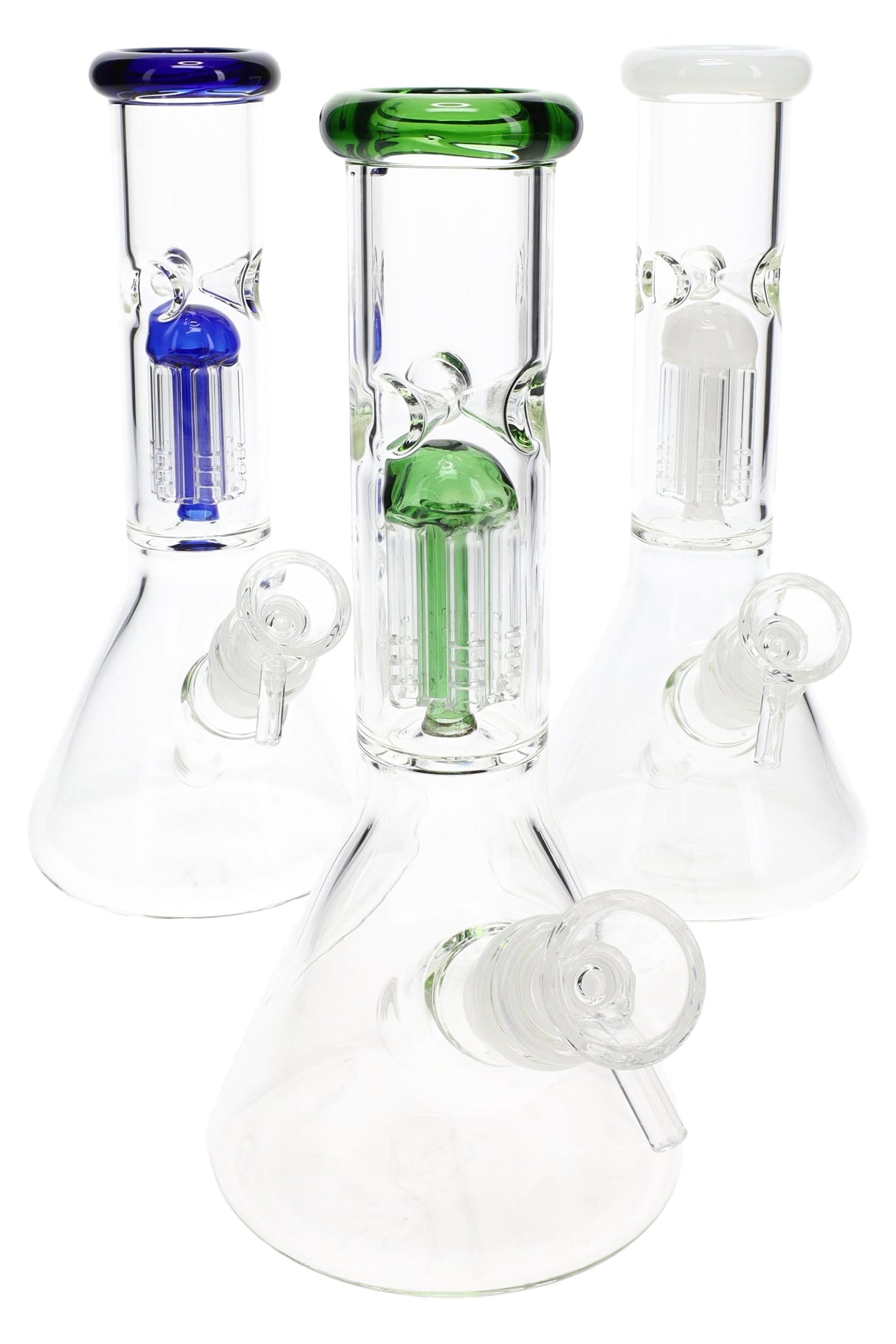 Trio of clear 8½″ GoG beaker bongs with blue and green accent glass, tree perc visible inside base