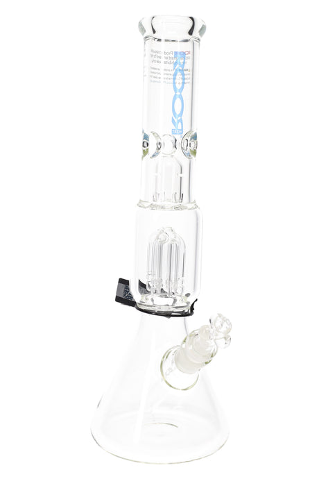 ROOR Tech 14-inch 5mm Glass Beaker Water Pipe with Tree Perc – clear tube, blue ROOR logo – straight-on view
