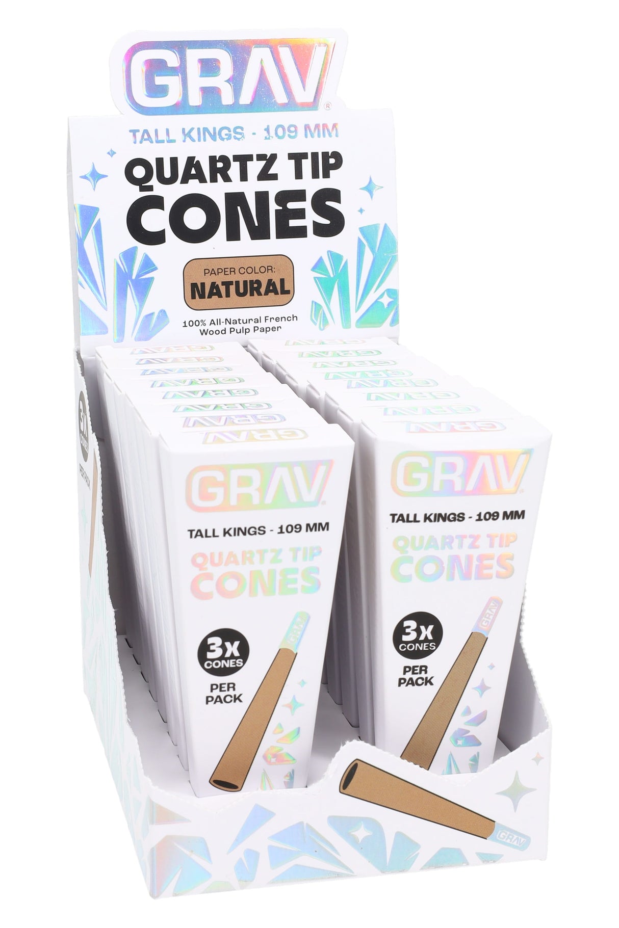 Alternate angle of natural-paper GRAV quartz tip cones 16-count display with iridescent branding.