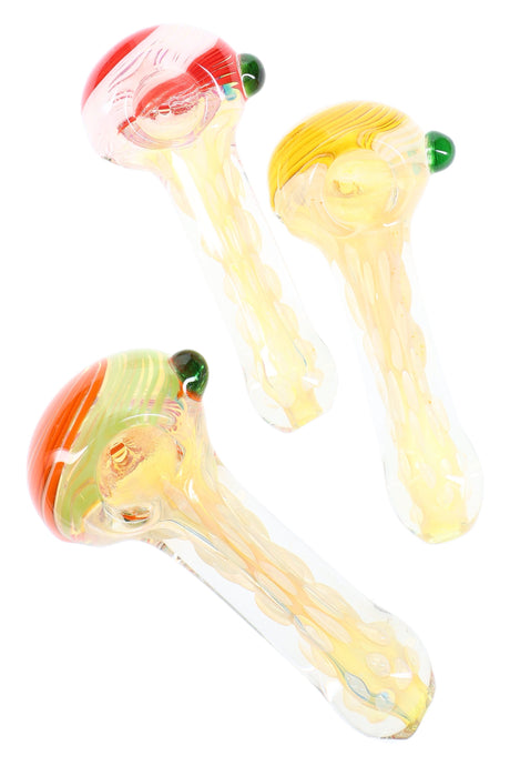 4-inch silver-fumed hand pipe with multicolor stripes, bubble-textured stem, and small marble accent, shown in assorted colorways.