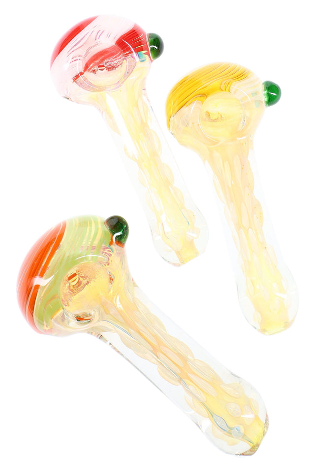 4-inch silver-fumed hand pipe with multicolor stripes, bubble-textured stem, and small marble accent, shown in assorted colorways.