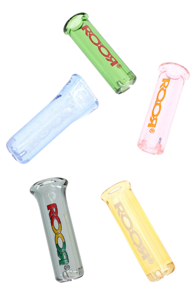 Assorted RooR 10 mm colored glass rolling tips with logos; reusable filter mouthpieces shown in multiple hues for joints and cones.