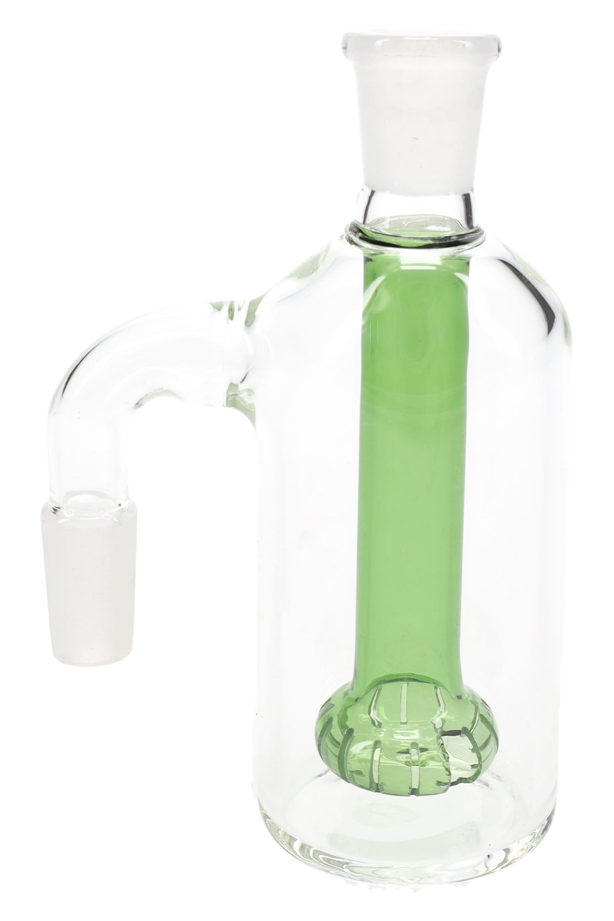 Green-perc 90° glass ash catcher with 14.5 mm male input and 14.5 mm female top joint on a white background.