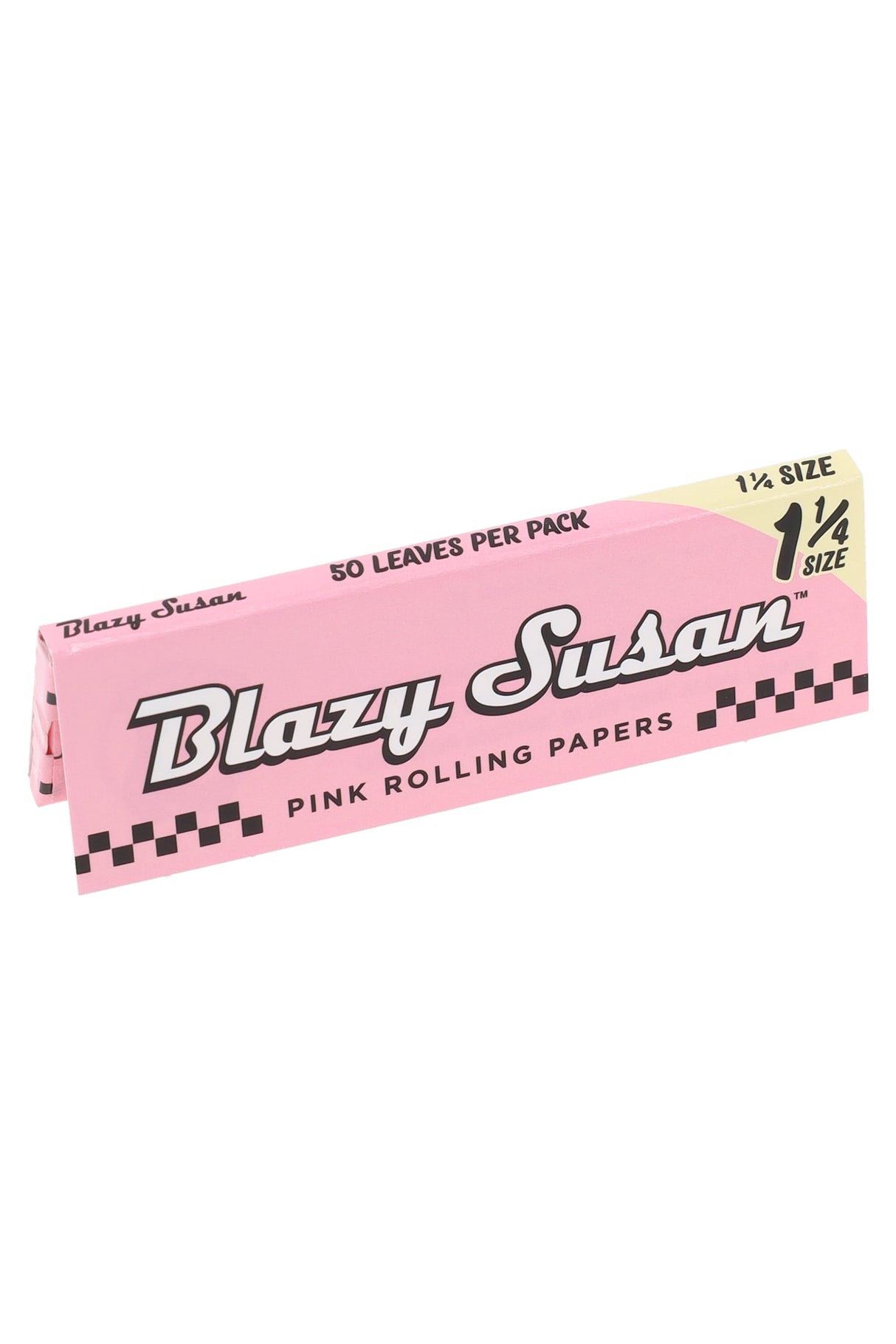 Single booklet of Blazy Susan pink 1¼ rolling papers, 50 leaves per pack, slim checker-trim design with brand logo on pastel wrapper.