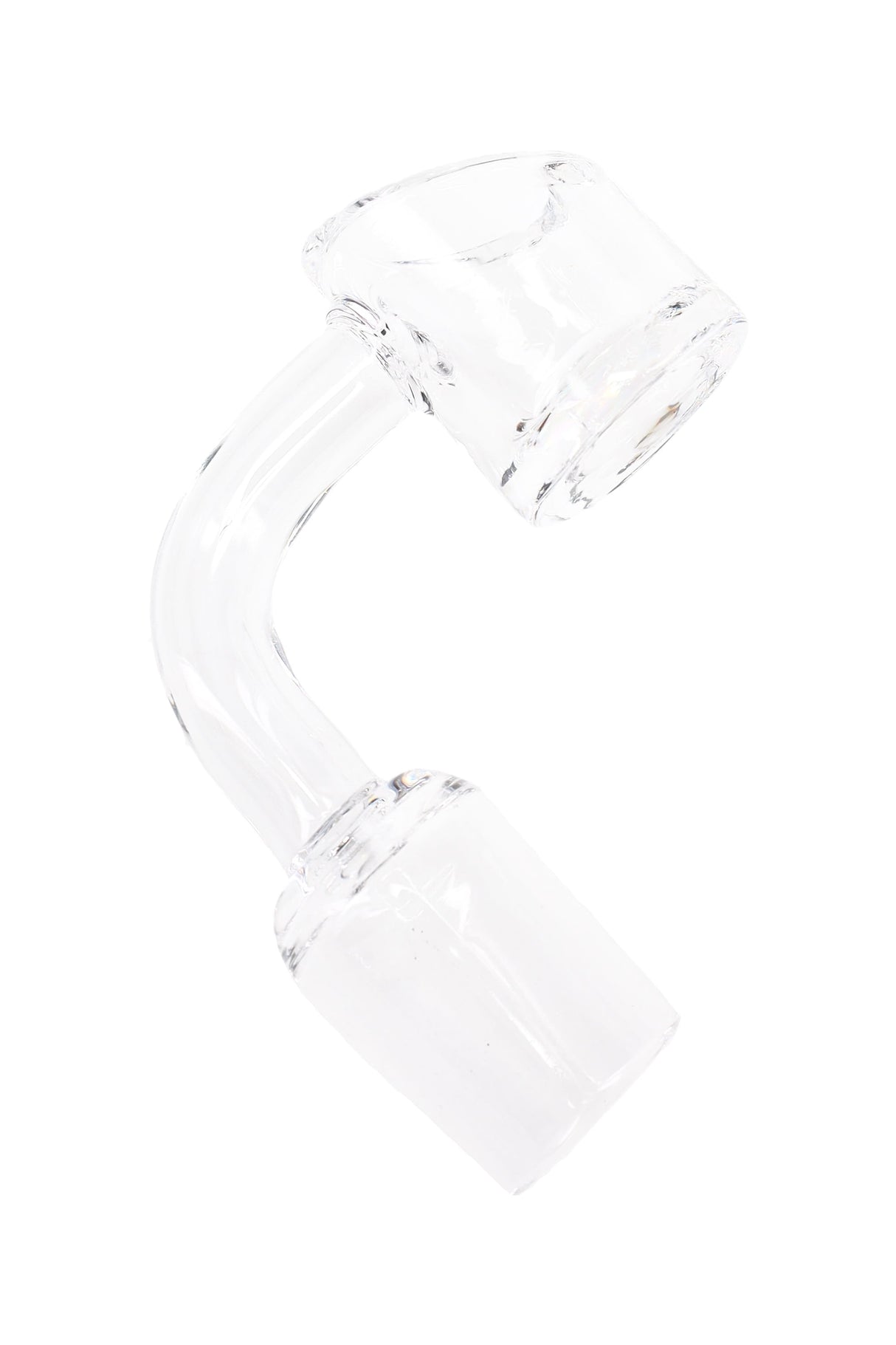 Clear quartz 18.8 mm male domeless banger with deep bucket and curved neck, 4 mm thick walls; replacement dab nail on white background.