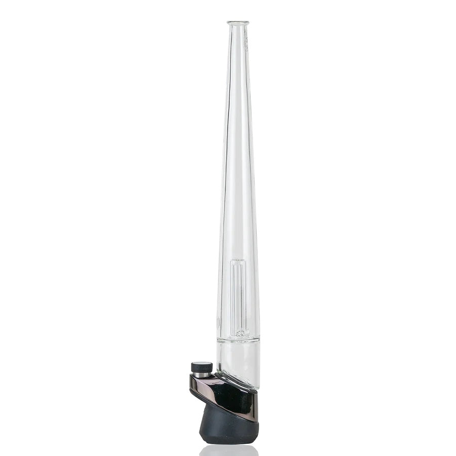 Full side view of 16″ Peak Pro attachment with tall clear tapered body mounted on a Puffco base