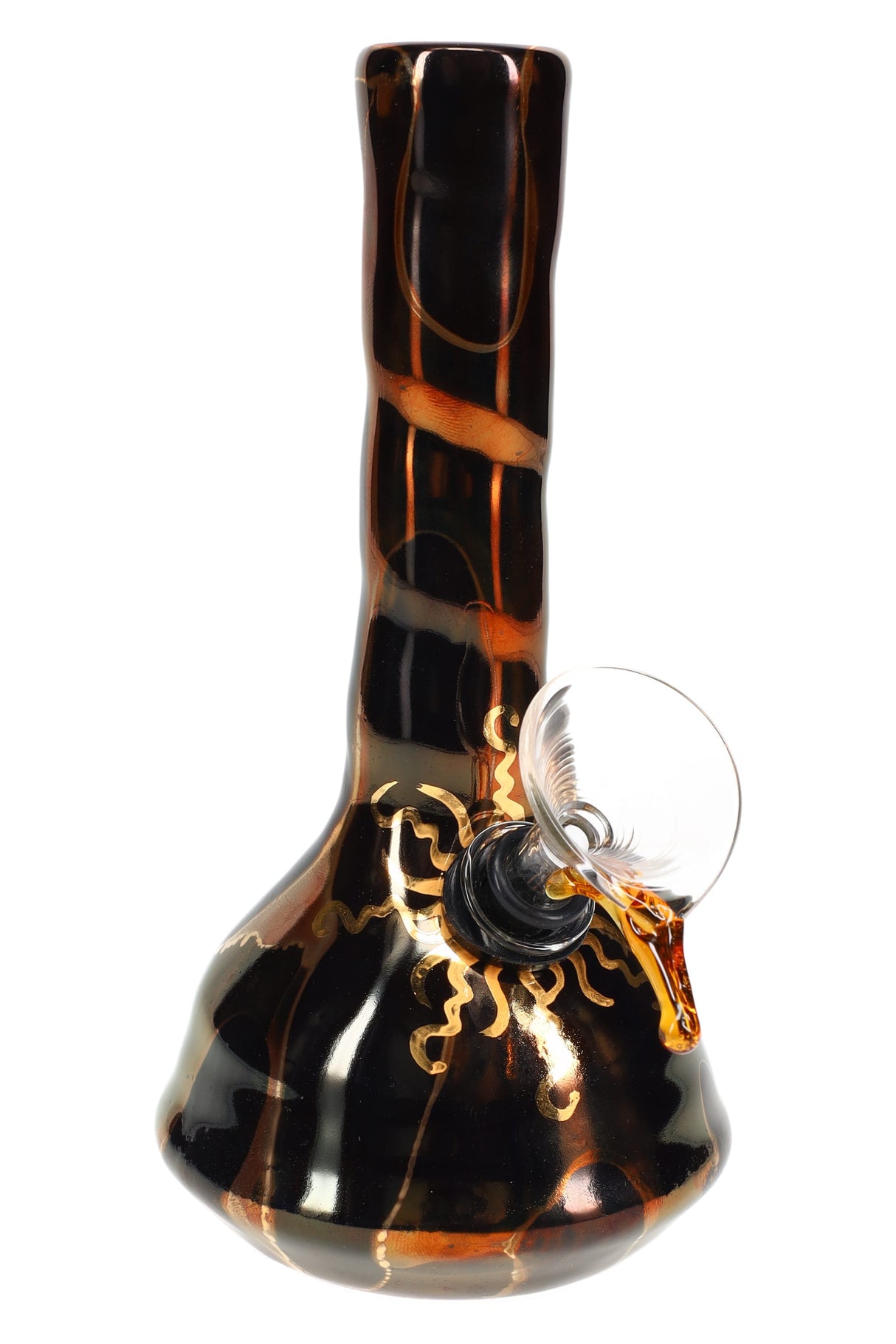 Black and amber marbled 6″ ceramic beaker bong highlighting glossy glaze and angled glass slide opening.