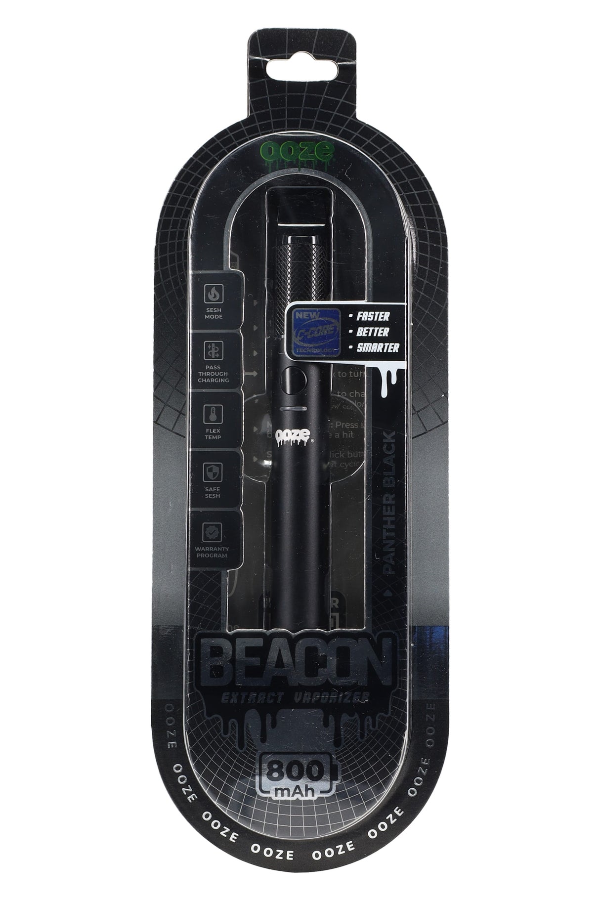 Pen-style Ooze Beacon extract vaporizer in Panther Black, 800 mAh, USB-C pass-through, C-Core Onyx callouts in retail blister pack.