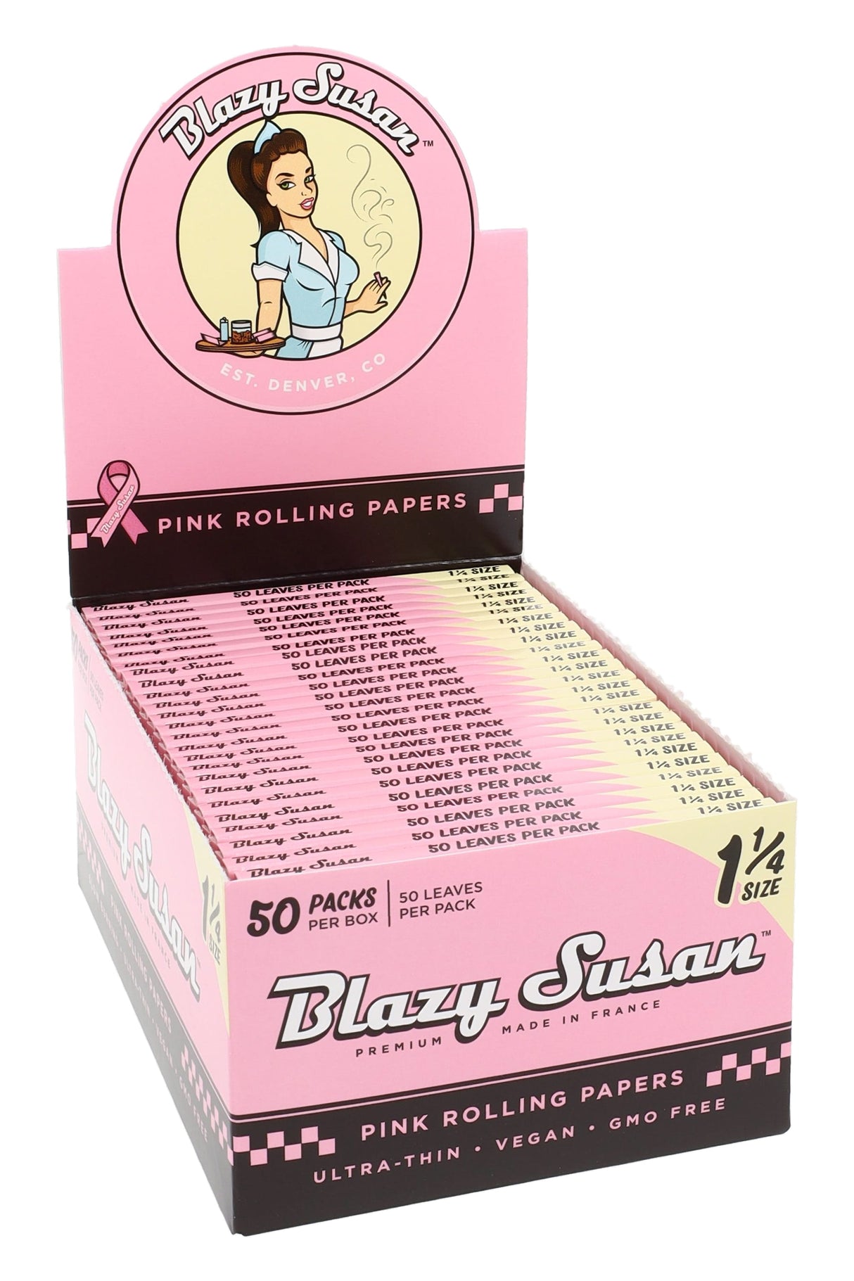 Blazy Susan 1¼ rolling papers 50-count display box in pink, ultra-thin vegan non-GMO sheets with 50 leaves per pack in an open retail tray.