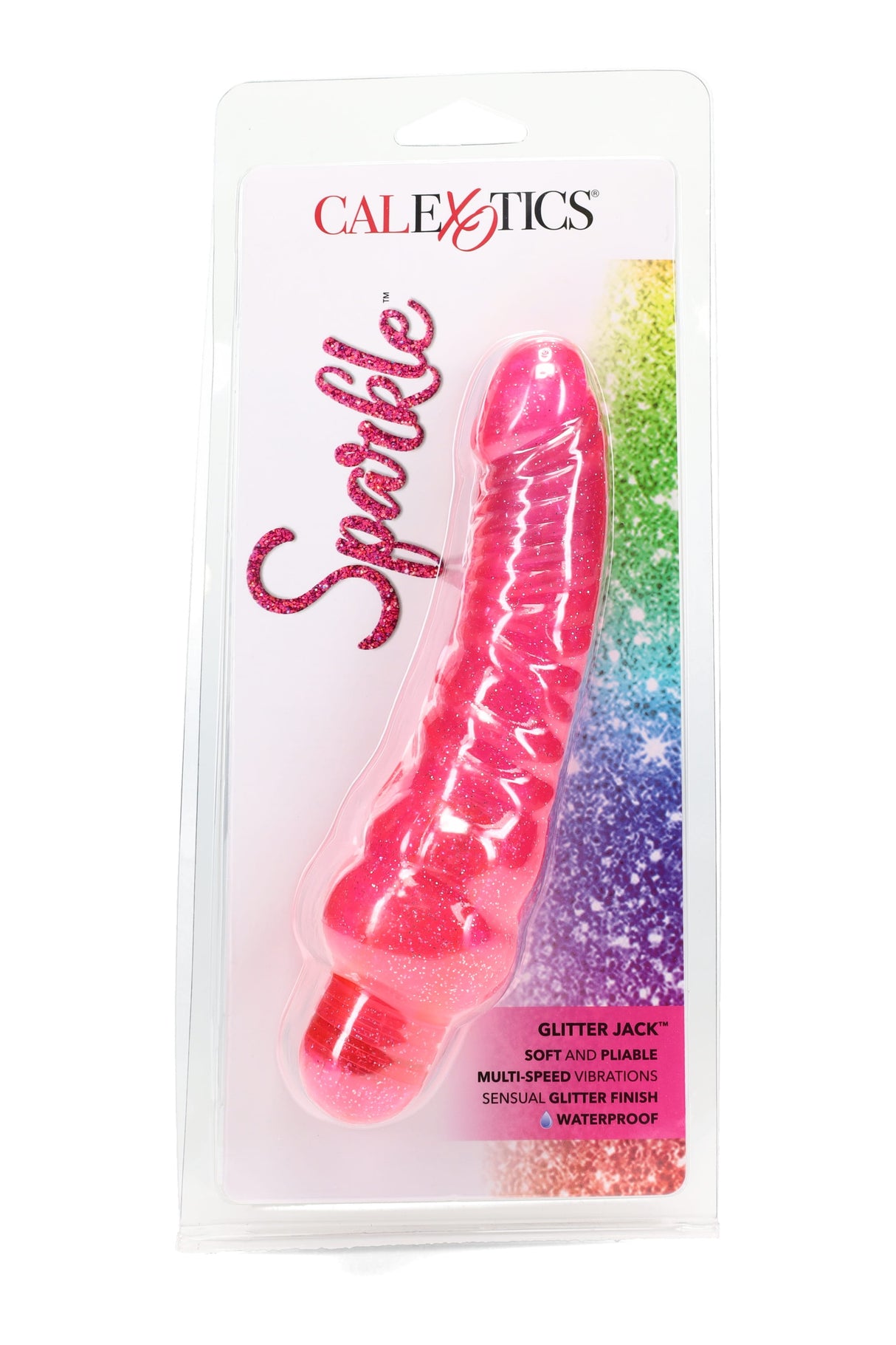 Pink Sparkle “Glitter Jack” multi-speed waterproof vibrator with spiral texture and rounded tip, sealed in retail packaging.