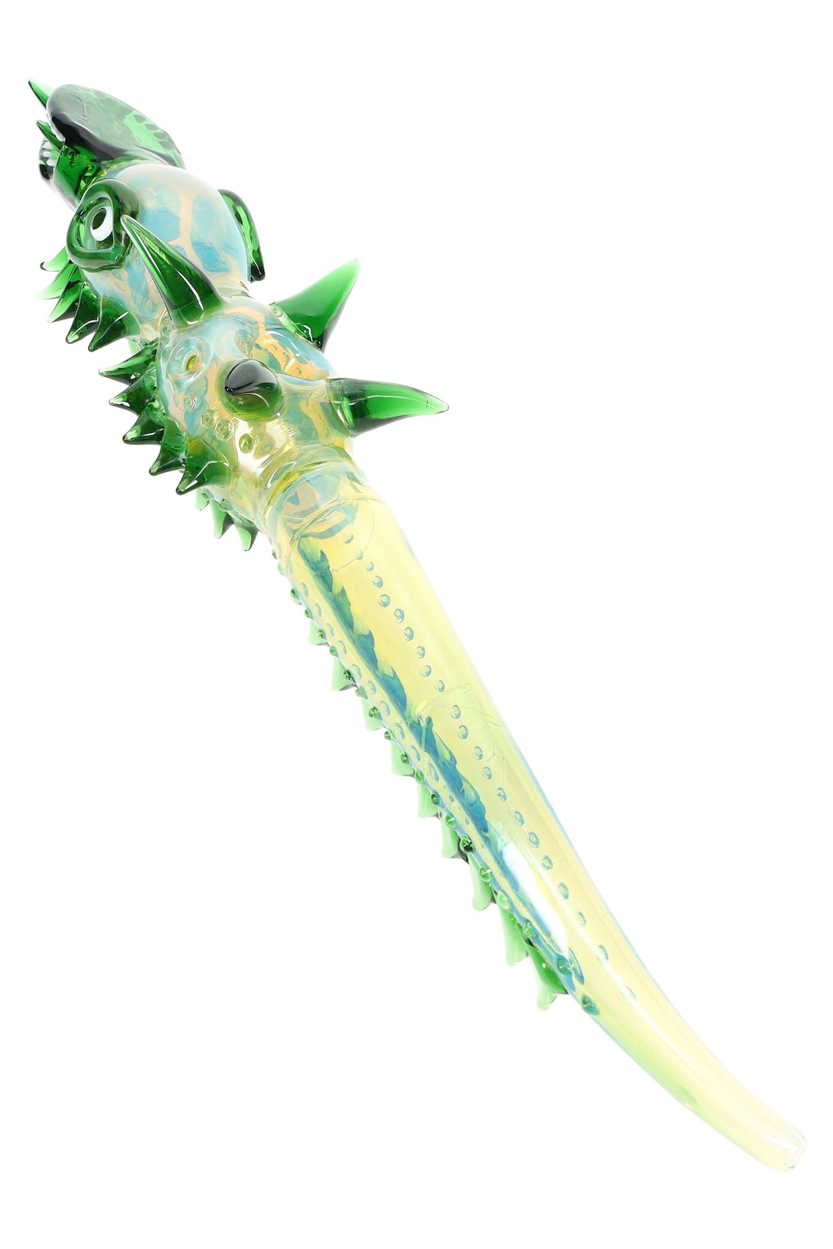Underside view of long glass gator pipe showing top-mounted bowl, carb hole, and tapered tail; glossy color-changing finish.