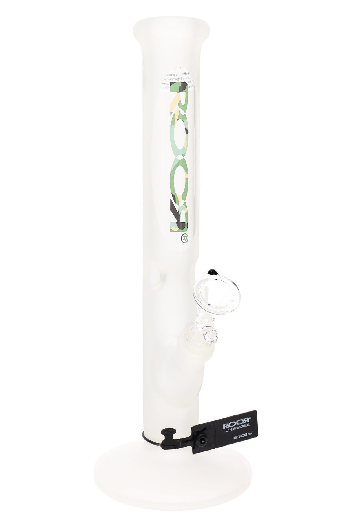 Frosted ROOR 14″ straight tube bong with 45 mm body, 5 mm glass, ice pinch, flat base, and 18.8 mm female joint that takes a 14.5 mm bowl.
