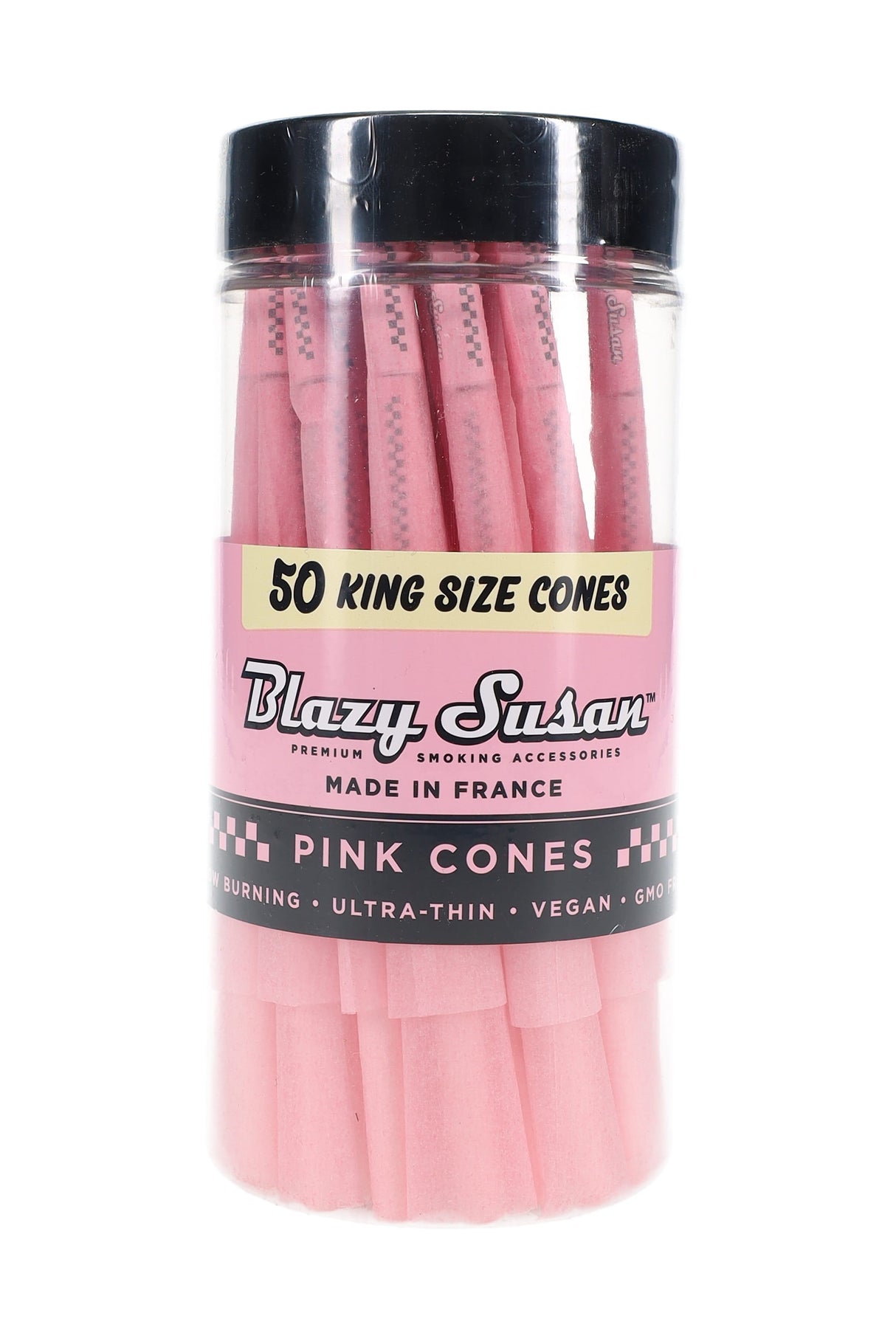 Blazy Susan king size pink pre-rolled cones, 50-count jar with resealable lid; vegan French ultra-thin paper for a smooth, slow, even burn.