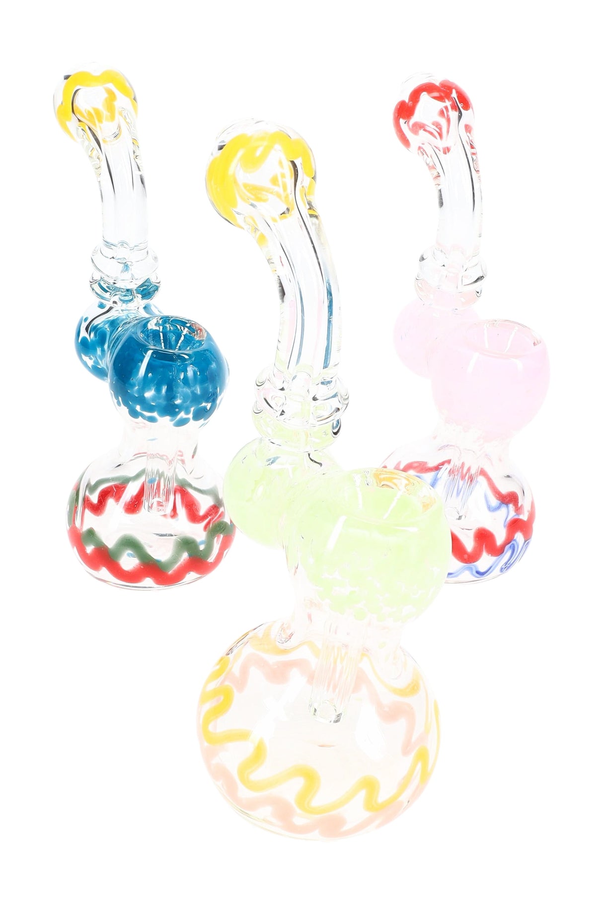 Small striped glass sherlock bubbler with curved neck, round water chamber, and side carb; clear body with colorful bands.