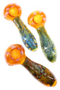 5″ gold-fumed glass spoon pipe with amber bowl, bubbled marble-style handle, side carb, and color-changing finish in assorted colors.