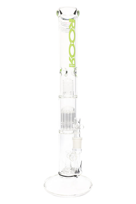 ROOR Tech clear 18″ stemless straight shooter bong showing dome plus 10-arm tree and showerhead percs, ice catcher, flat foot, green ROOR Tech decal.