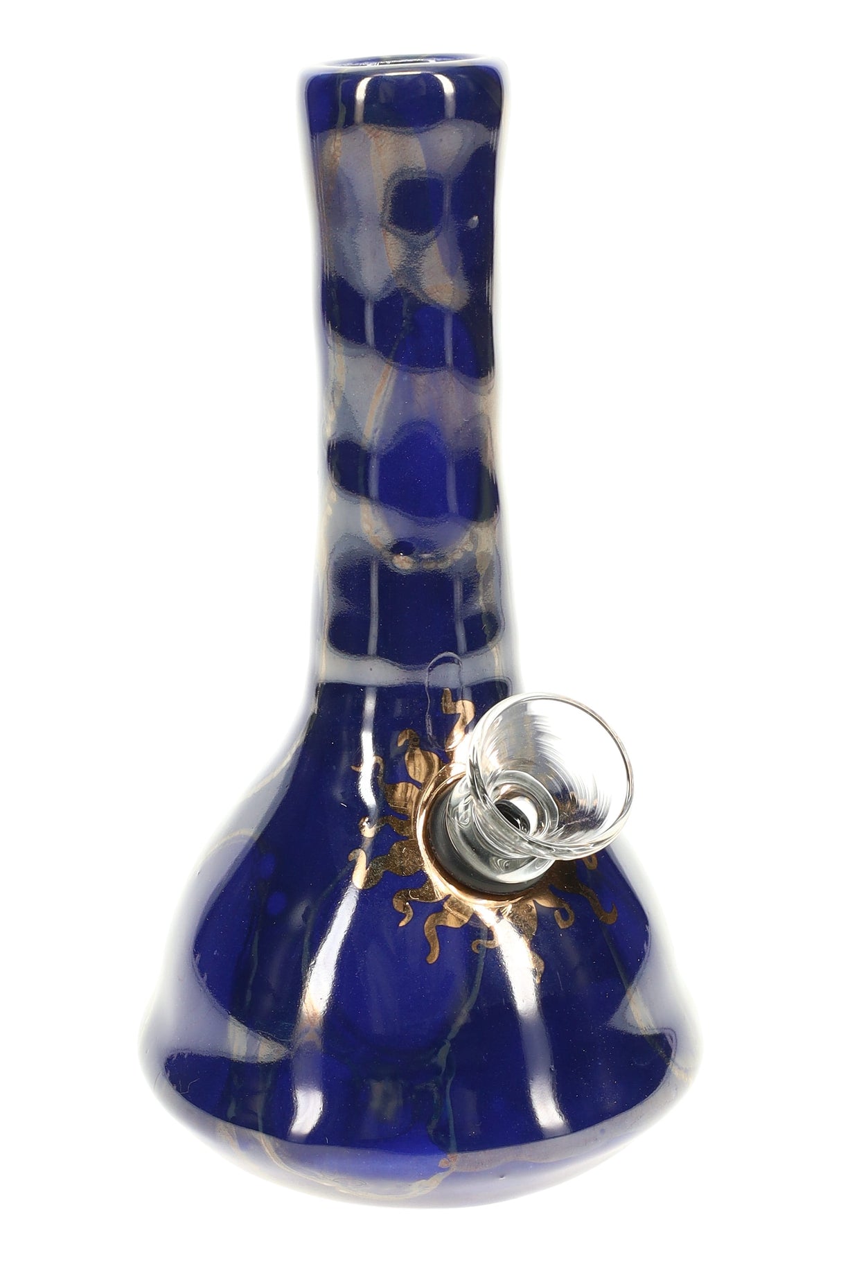 Royal blue 5″ ceramic mini water pipe with deep glaze and gold “sunburst” embellishment.