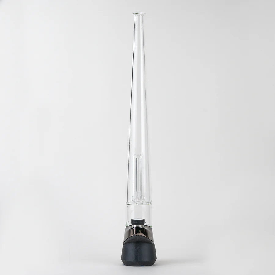 Front angle of clear Big Dawg Peak Pro attachment showing elongated glass body and internal downstem