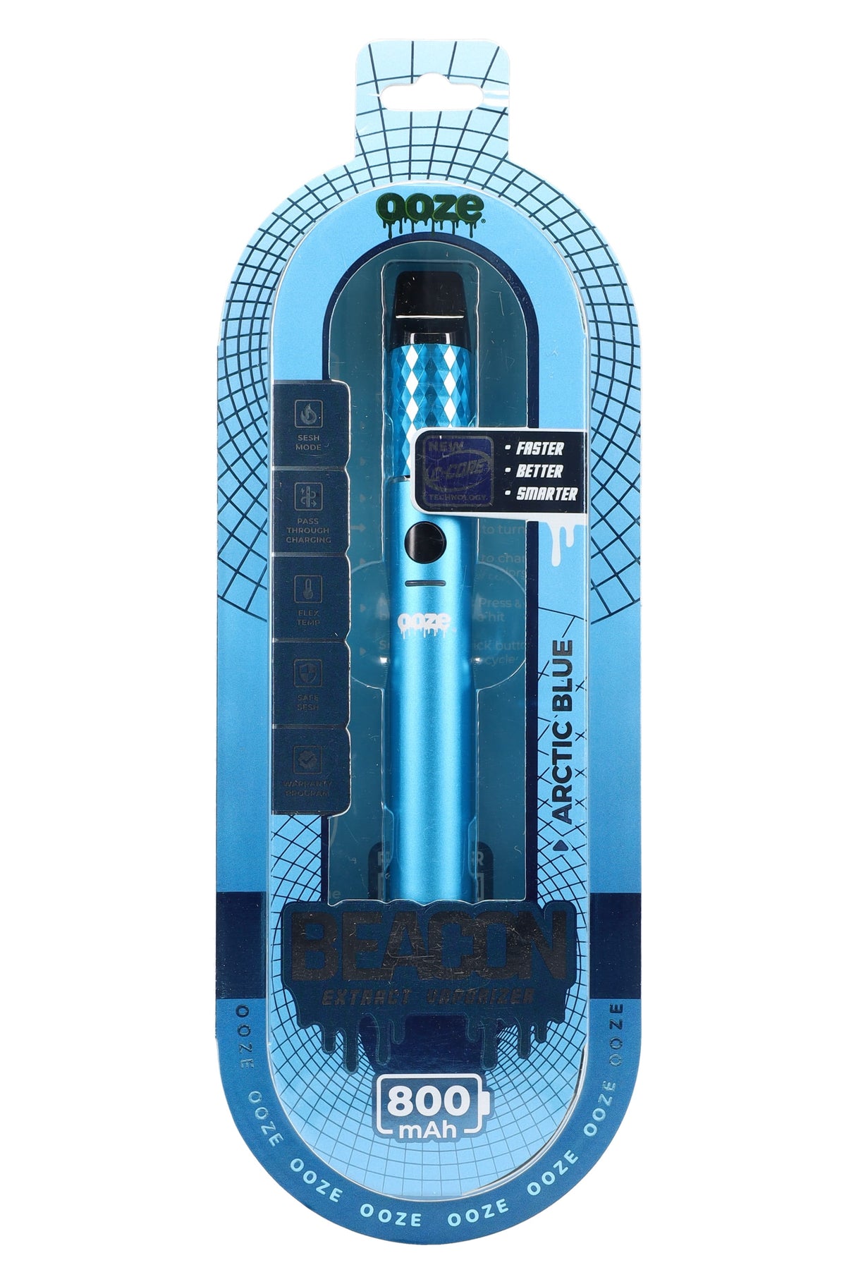 Arctic Blue Ooze Beacon extract vaporizer, 800 mAh dab pen with diamond-textured grip and C-Core badge, packaged for retail display.