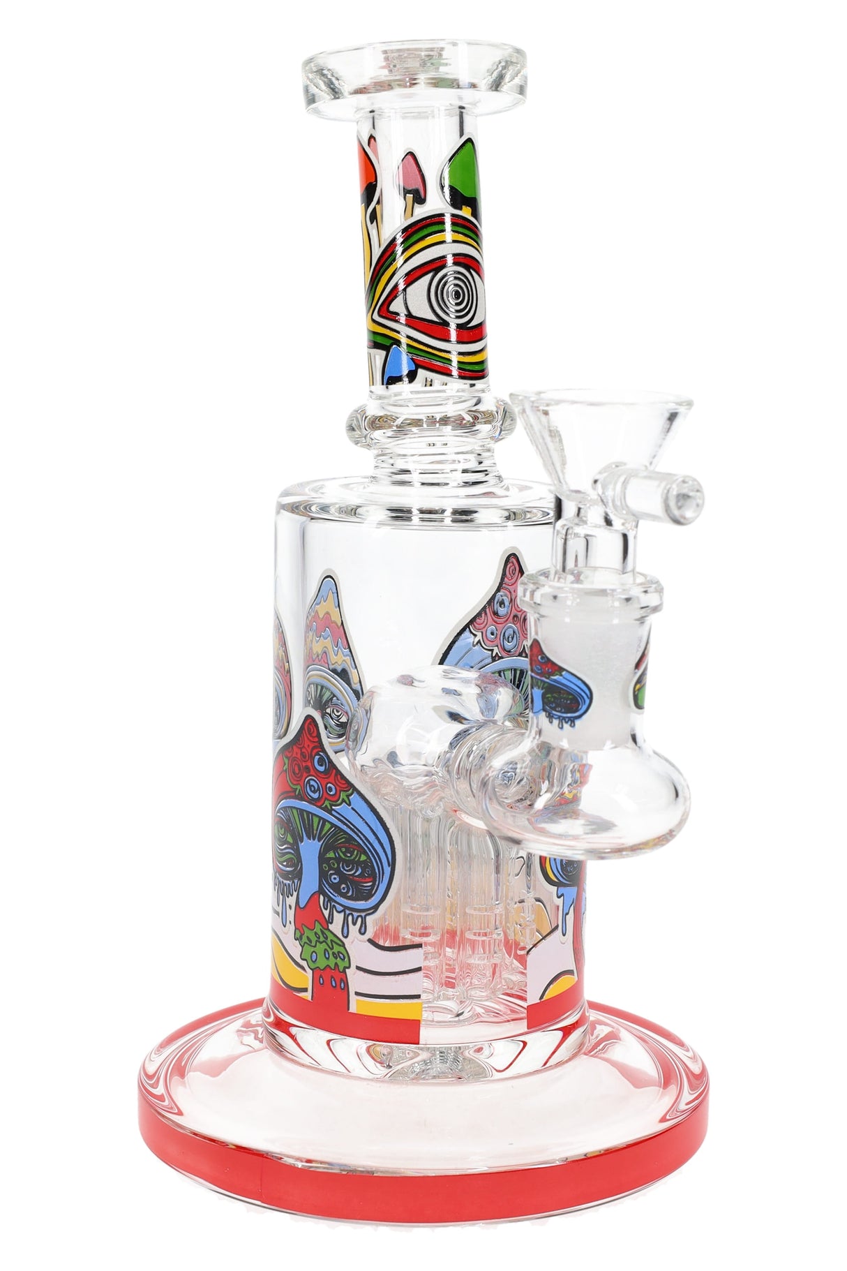 Red-rim 6.5″ mushroom bong with tree perc, hypnotic eye neck graphic and full-color shroom wrap on clear glass.