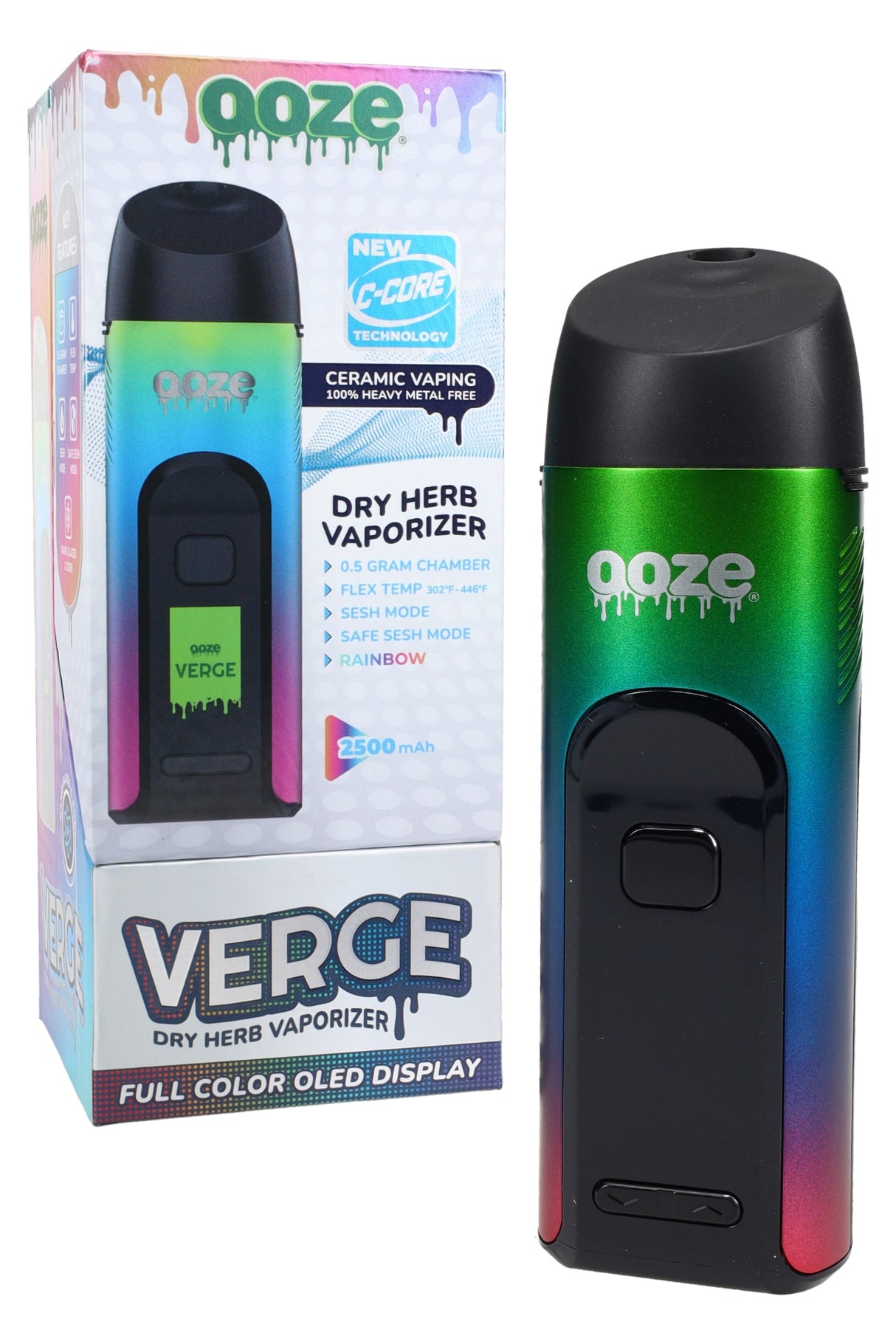 Ooze Verge dry herb vaporizer in rainbow finish with full-color OLED screen and matching retail box