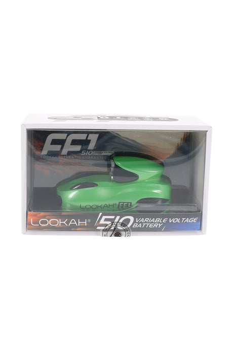 Green Lookah FF1 racecar-style 510 battery packaged in retail box, variable voltage 500 mAh design.