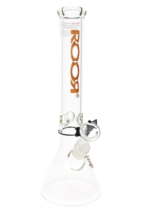ROOR 14-inch clear glass beaker bong with wood grain logo decal, ice pinch, removable downstem, and glass bowl on a wide base.