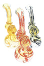 6-inch color-changing glass sherlock bubbler with squiggle stripe wrap, curved neck, side carb, and round water chamber; ships in assorted colors.