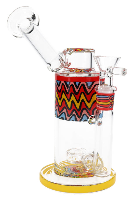 Yellow-trim 7″ sidecar bong with bold zigzag reverse section, sidecar mouthpiece, and showerhead percolator at the base.