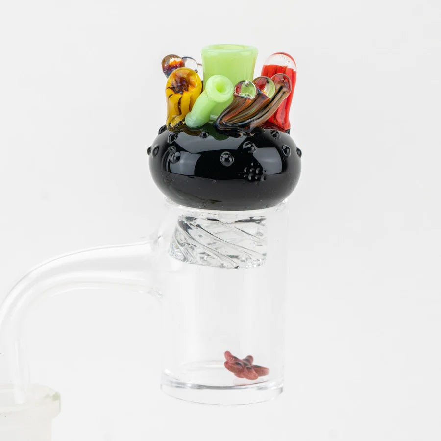 Studio shot of the reef-themed cap and matching starfish bead, glossy black base and clear twisted foot.